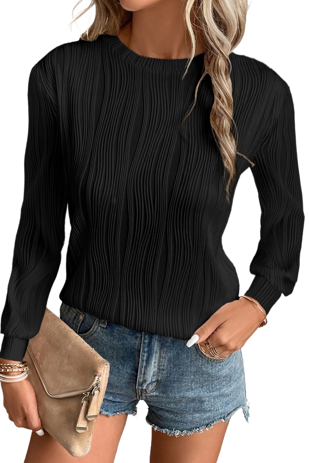 Women's Black Textured Wavy Round Neck Long Sleeve Top - Main View Women's Black Textured Wavy Round Neck Long Sleeve Top - Main View