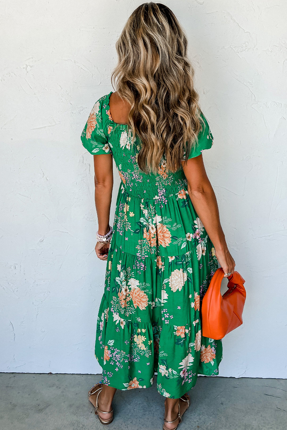 Green Puff Sleeve Midi Dress, Flowy Floral Daily Vacation - Detail View 3 Green Puff Sleeve Midi Dress, Flowy Floral Daily Vacation - Detail View 3