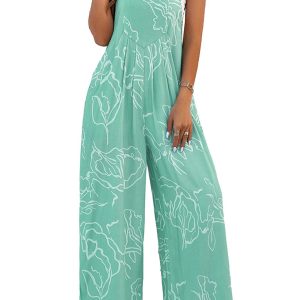 Women's Floral Wide Leg Overalls, Casual Moonlight Jade Bib - Main View
