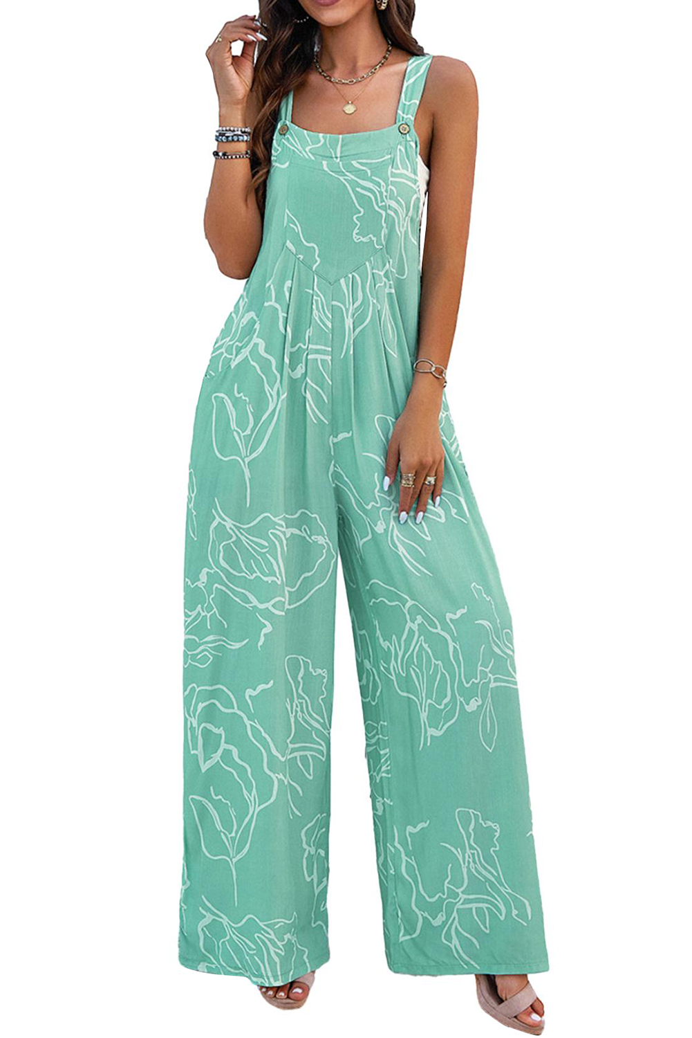 Women's Floral Wide Leg Overalls, Casual Moonlight Jade Bib - Main View Women's Floral Wide Leg Overalls, Casual Moonlight Jade Bib - Main View