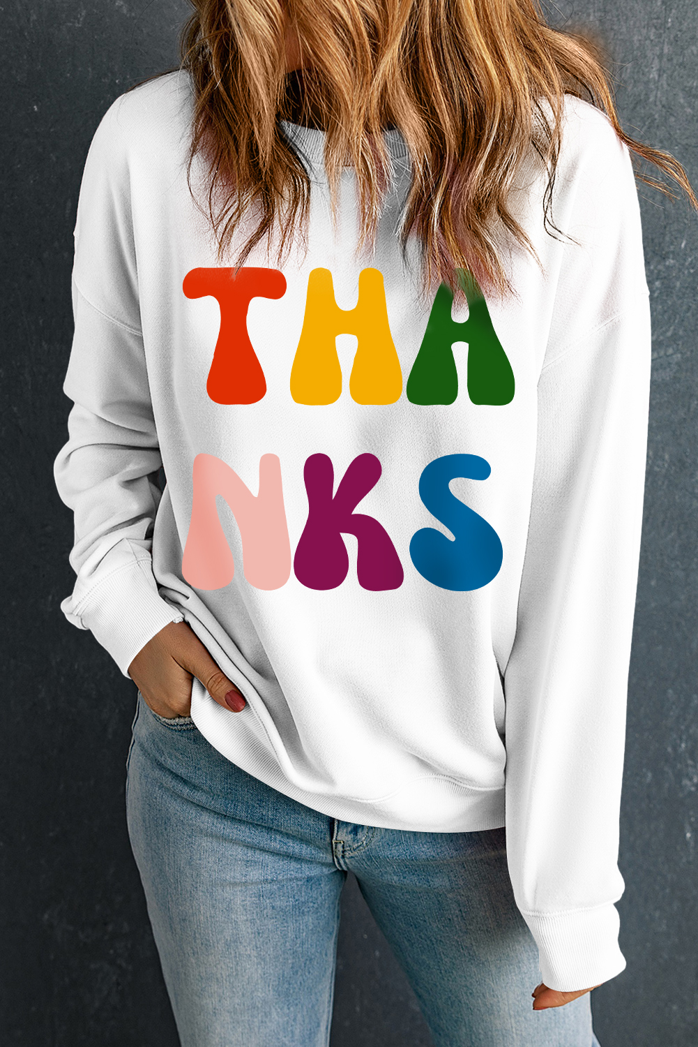 Cozy Beige Graphic Sweatshirt with 'THANKS' Print - Casual Comfort - Detail View 6 Cozy Beige Graphic Sweatshirt with 'THANKS' Print - Casual Comfort - Detail View 6