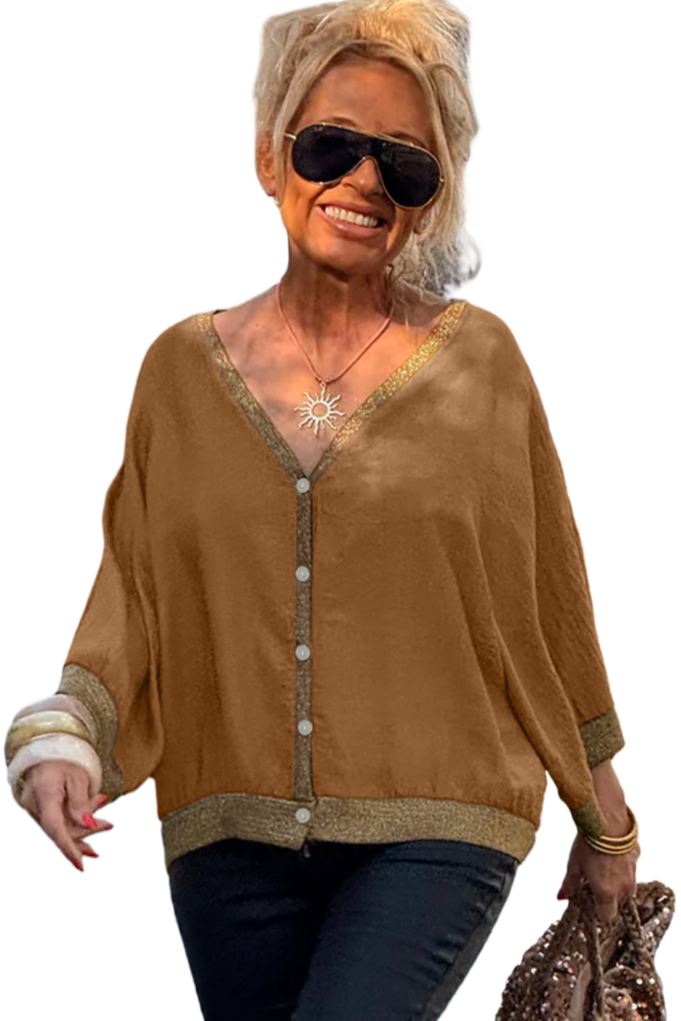Women's Gold Trim Blouse, Honey Brown V Neck Button Up Top - Main View Women's Gold Trim Blouse, Honey Brown V Neck Button Up Top - Main View