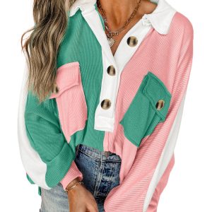 Women's Pink Colorblock Ribbed Oversized Sweatshirt with Buttoned Neckline - Main View