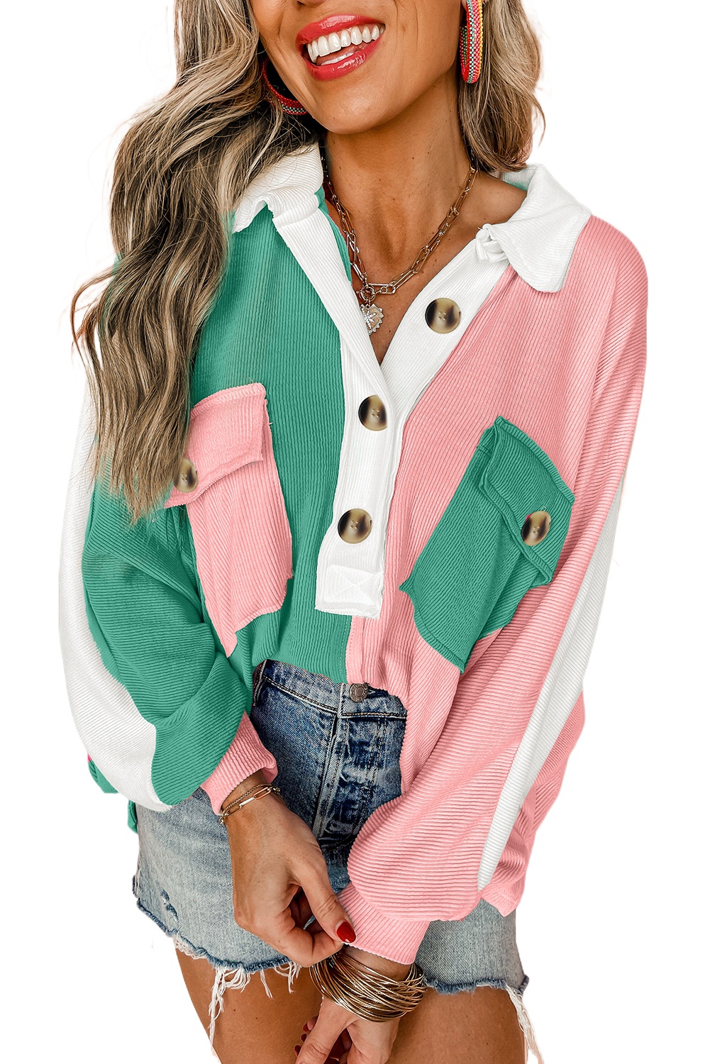 Women's Pink Colorblock Ribbed Oversized Sweatshirt with Buttoned Neckline - Main View Women's Pink Colorblock Ribbed Oversized Sweatshirt with Buttoned Neckline - Main View