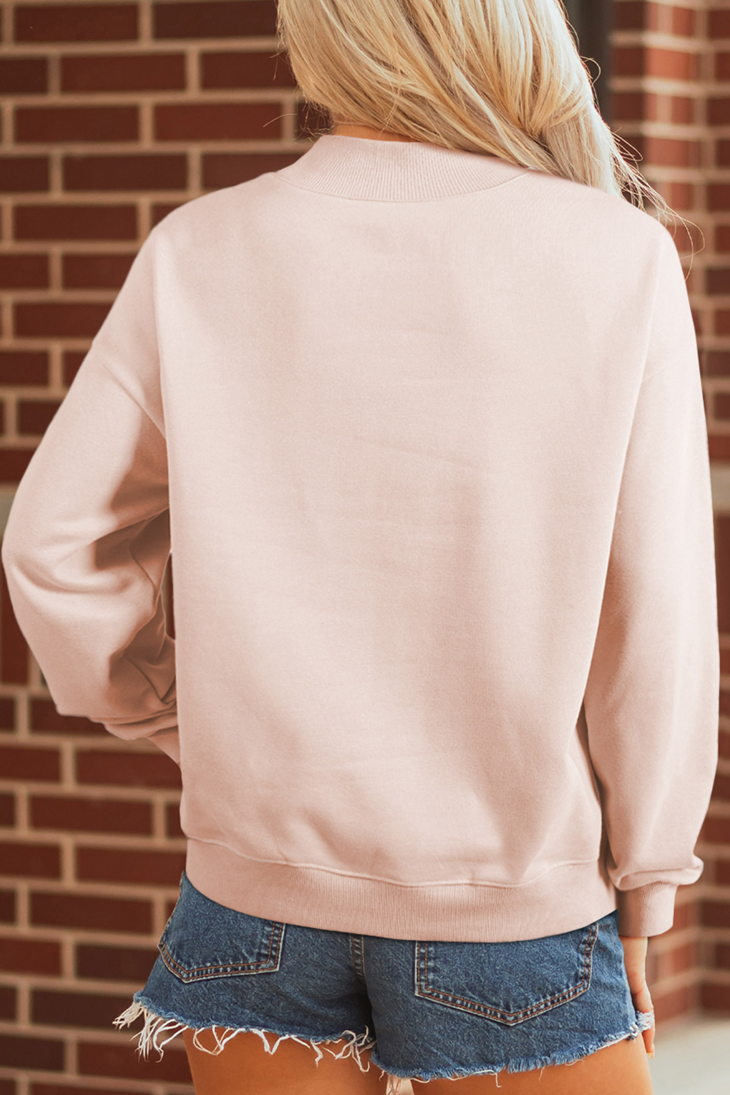 Women's Mock Neck Sweatshirt, Apricot Pink Camo Graphic Top - Detail View 7 Women's Mock Neck Sweatshirt, Apricot Pink Camo Graphic Top - Detail View 7