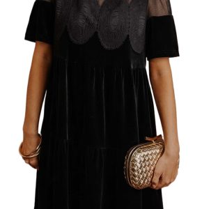 Women's Black Velvet Mini Dress, Elegant Lace Tiered Shift - Main View