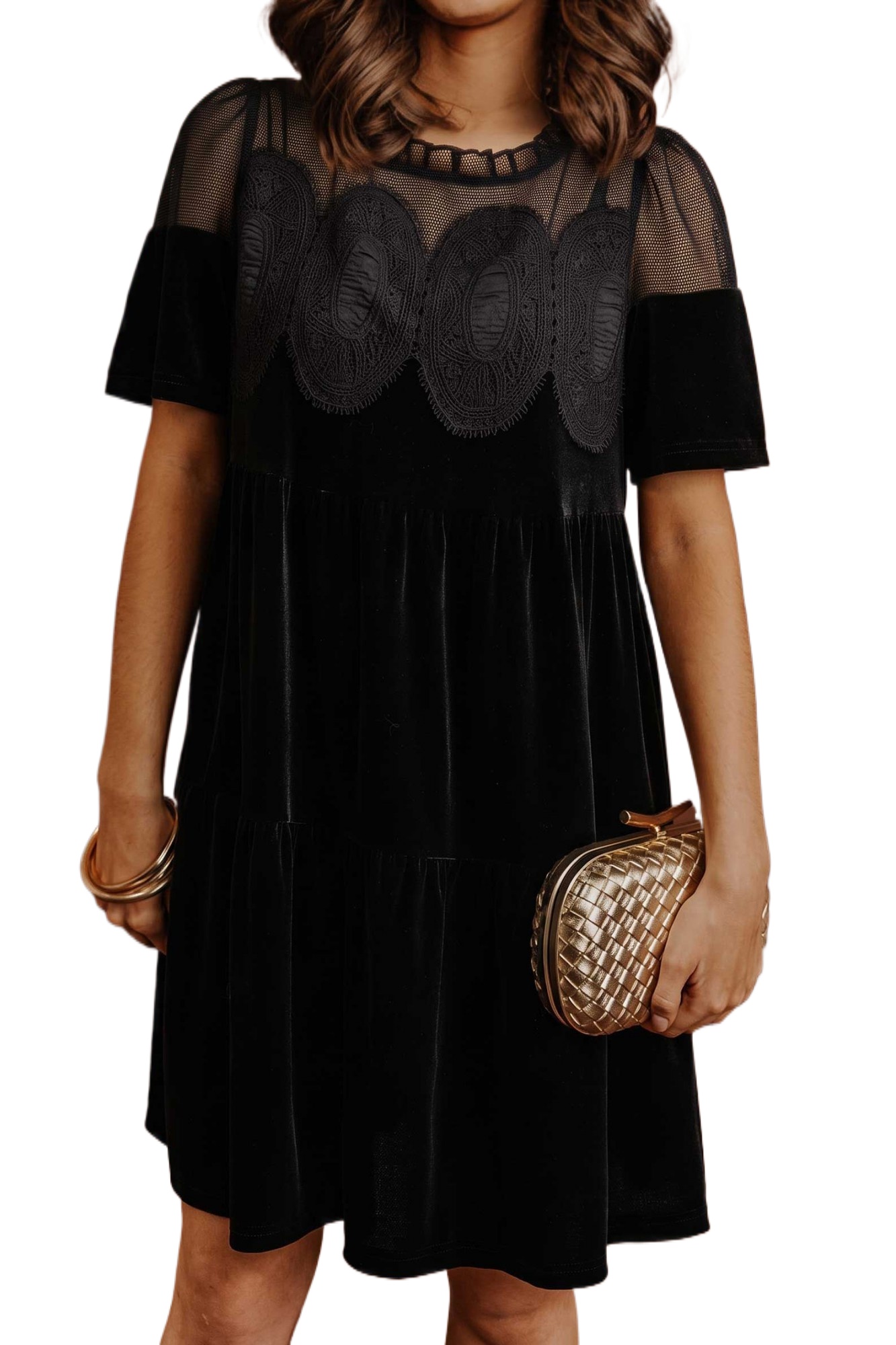 Women's Black Velvet Mini Dress, Elegant Lace Tiered Shift - Main View Women's Black Velvet Mini Dress, Elegant Lace Tiered Shift - Main View