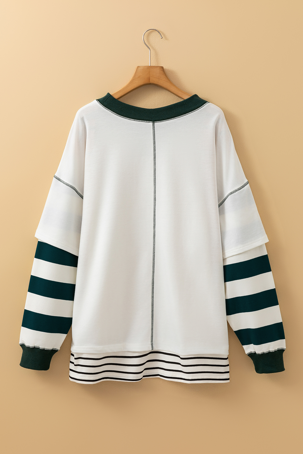 Women's Sweatshirt, White Stripe, Colorblock Sleeve, Exposed Seams, Fake 2-Piece, Casual Style, Daily Wear, Outdoor Activities, Comfortable, Trendy Design, Long Sleeve, Round Neck, Shift Silhouette, Stylish Top, Tops & Hoodies - Detail View 4 Women's Sweatshirt, White Stripe, Colorblock Sleeve, Exposed Seams, Fake 2-Piece, Casual Style, Daily Wear, Outdoor Activities, Comfortable, Trendy Design, Long Sleeve, Round Neck, Shift Silhouette, Stylish Top, Tops & Hoodies - Detail View 4