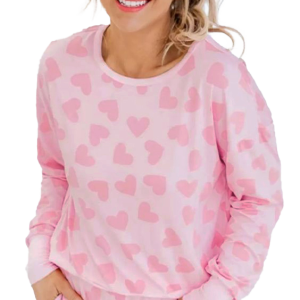 Women's Heart Print Lounge Set, Long Sleeve Top and Shorts - Main View