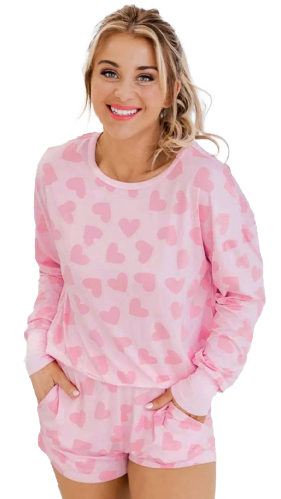 Women's Heart Print Lounge Set, Long Sleeve Top and Shorts - Main View Women's Heart Print Lounge Set, Long Sleeve Top and Shorts - Main View