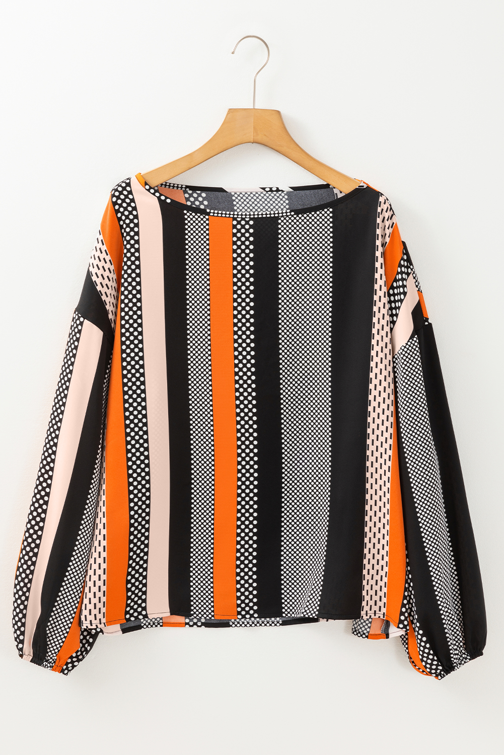 Women's Blouse, Orange Polka Dot, Vertical Stripes, Puff Sleeve, Casual, Elegant Style, Long Sleeve, Comfortable, Shift Silhouette, Office Wear, Chic Top, 100% Polyester, Spring Fashion - Detail View 8 Women's Blouse, Orange Polka Dot, Vertical Stripes, Puff Sleeve, Casual, Elegant Style, Long Sleeve, Comfortable, Shift Silhouette, Office Wear, Chic Top, 100% Polyester, Spring Fashion - Detail View 8