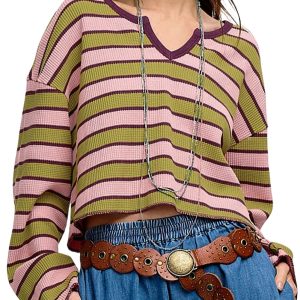 Women's Spinach Green Striped Waffle Texture Long Sleeve Top with Notched Neck - Main View