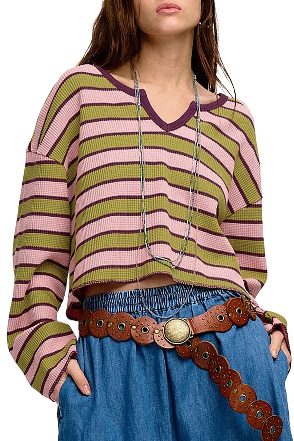Women's Spinach Green Striped Waffle Texture Long Sleeve Top with Notched Neck - Main View Women's Spinach Green Striped Waffle Texture Long Sleeve Top with Notched Neck - Main View