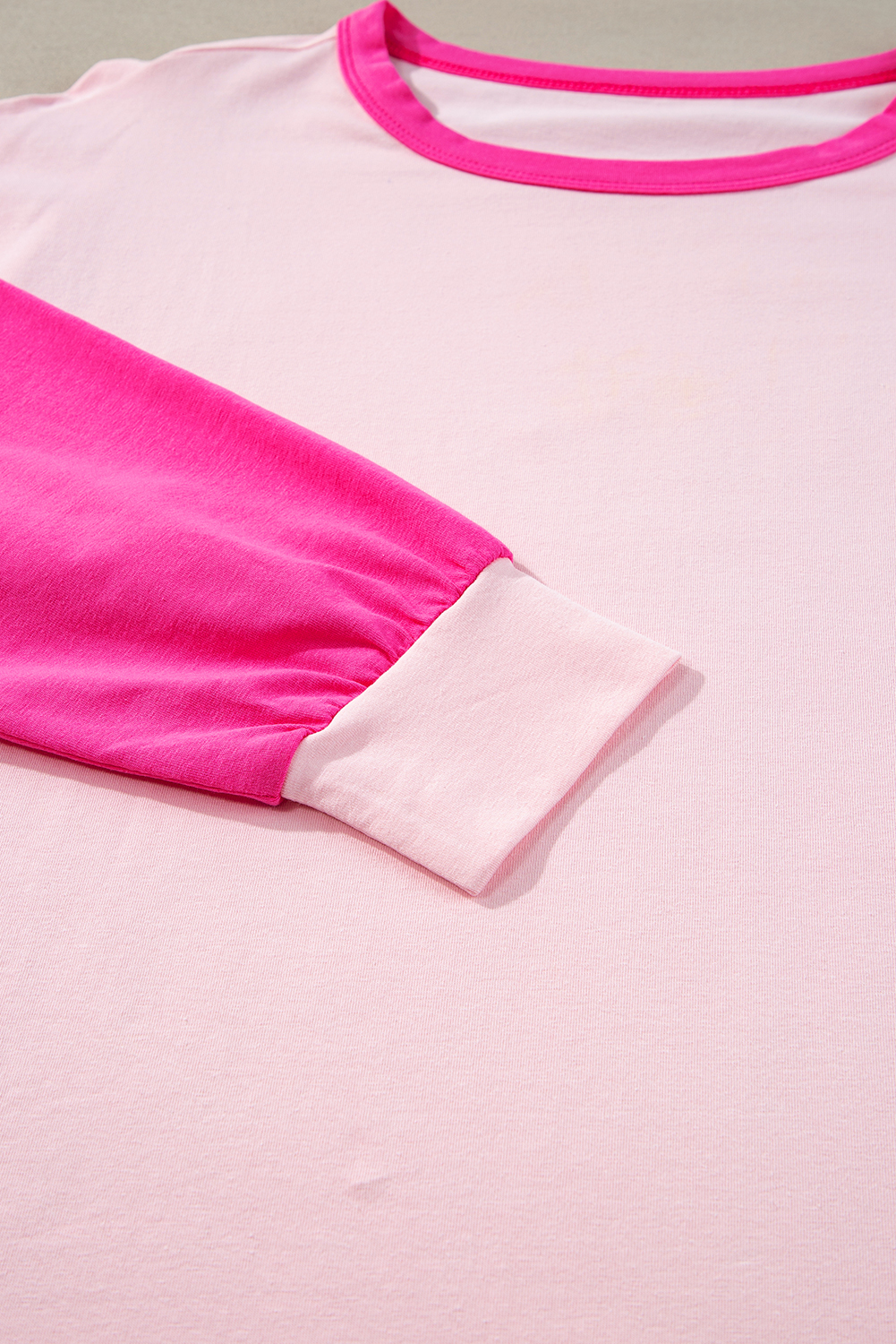 Women's Pink Colorblock Patchwork Long Sleeve Loose Top - Detail View 6 Women's Pink Colorblock Patchwork Long Sleeve Loose Top - Detail View 6