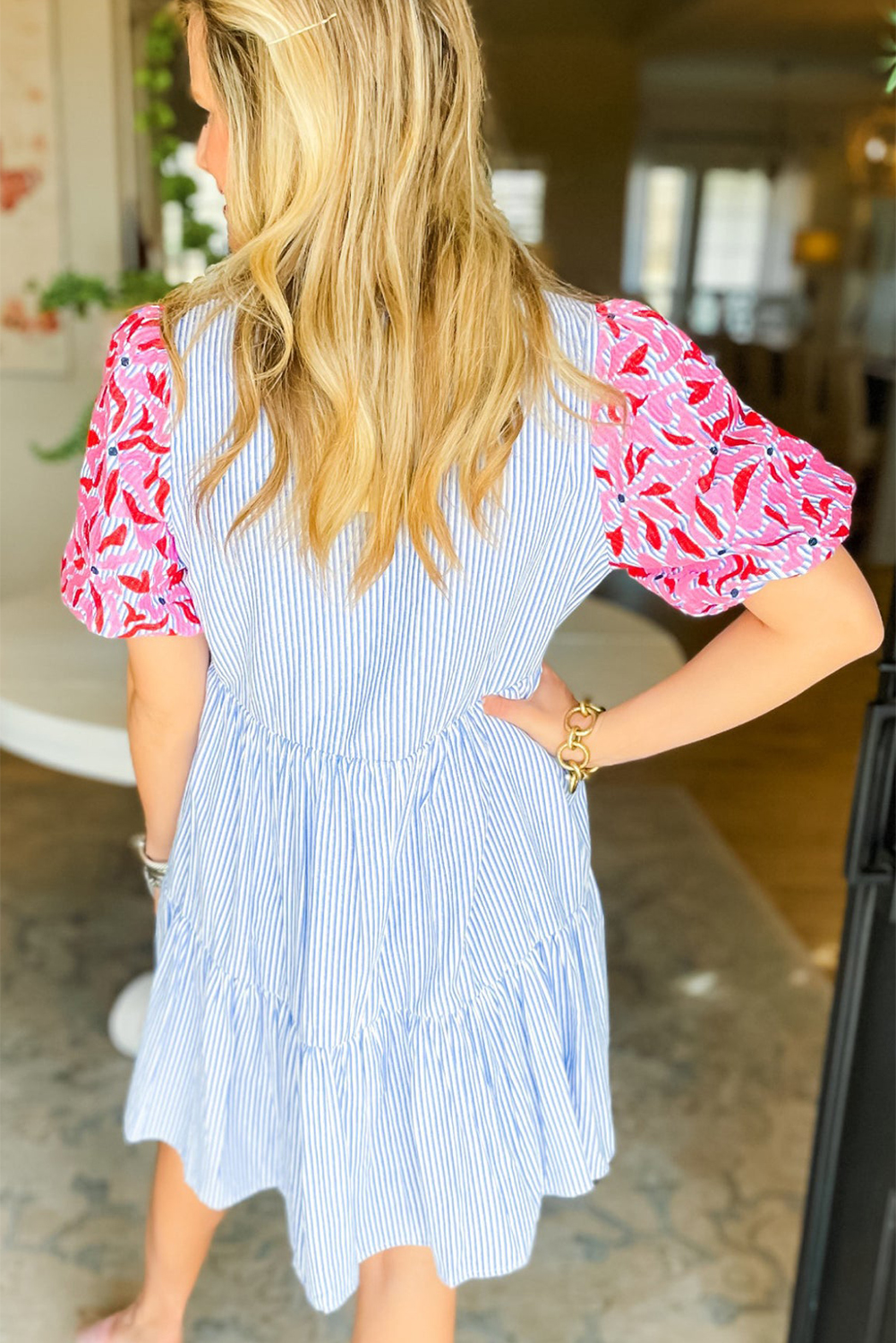 Striking Short Sleeve Ruffled Dress with Notched Neckline - Detail View 2 Striking Short Sleeve Ruffled Dress with Notched Neckline - Detail View 2