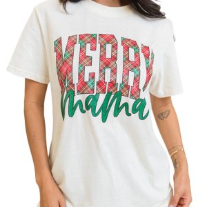 Women's White MERRY Mama Christmas Graphic T-Shirt - Festive Crew Neck Tee - Main View
