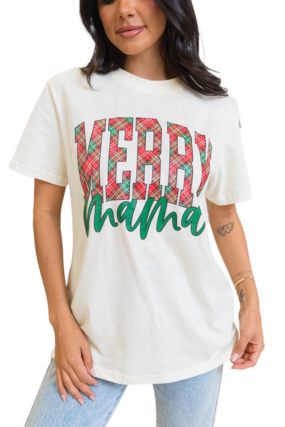 Women's White MERRY Mama Christmas Graphic T-Shirt - Festive Crew Neck Tee - Main View Women's White MERRY Mama Christmas Graphic T-Shirt - Festive Crew Neck Tee - Main View