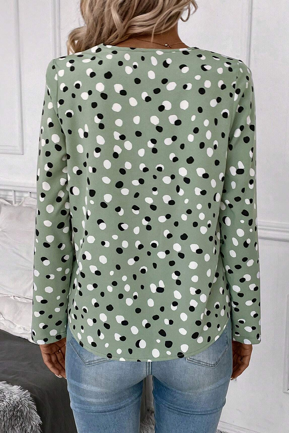 Elegant Long Sleeve Blouse: Green Polka Dot Print, V-Neck with Buttons - Detail View 2 Elegant Long Sleeve Blouse: Green Polka Dot Print, V-Neck with Buttons - Detail View 2
