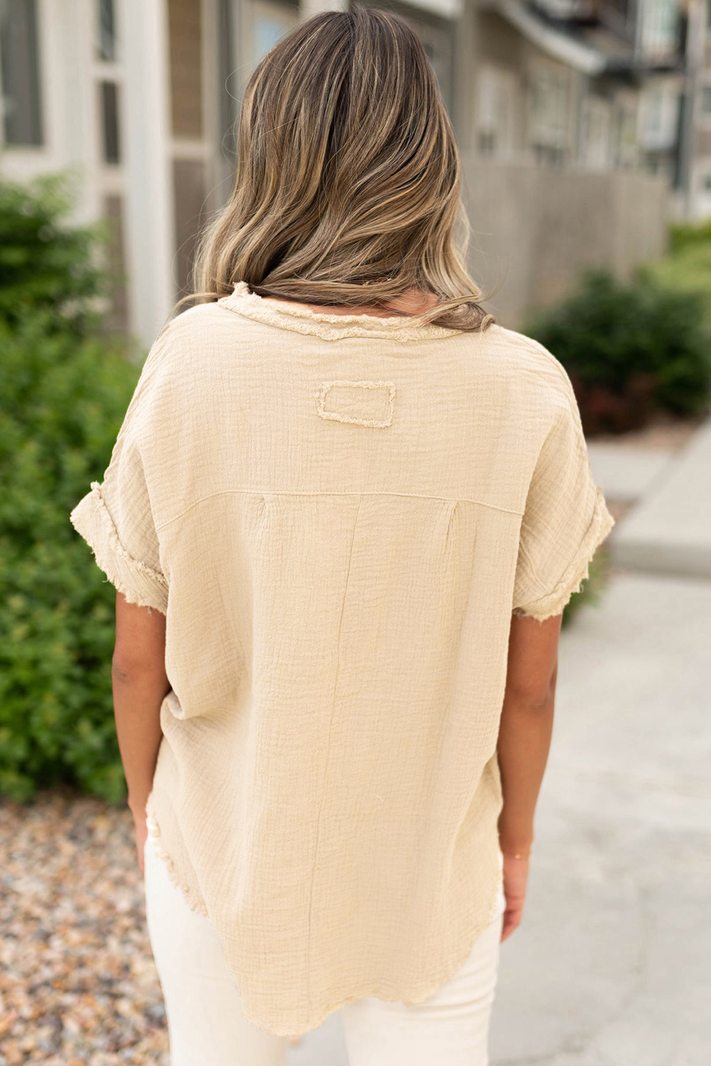 Relaxed Fit Women's Blouse, Raw Edge Parchment Casual Tee - Detail View 3 Relaxed Fit Women's Blouse, Raw Edge Parchment Casual Tee - Detail View 3
