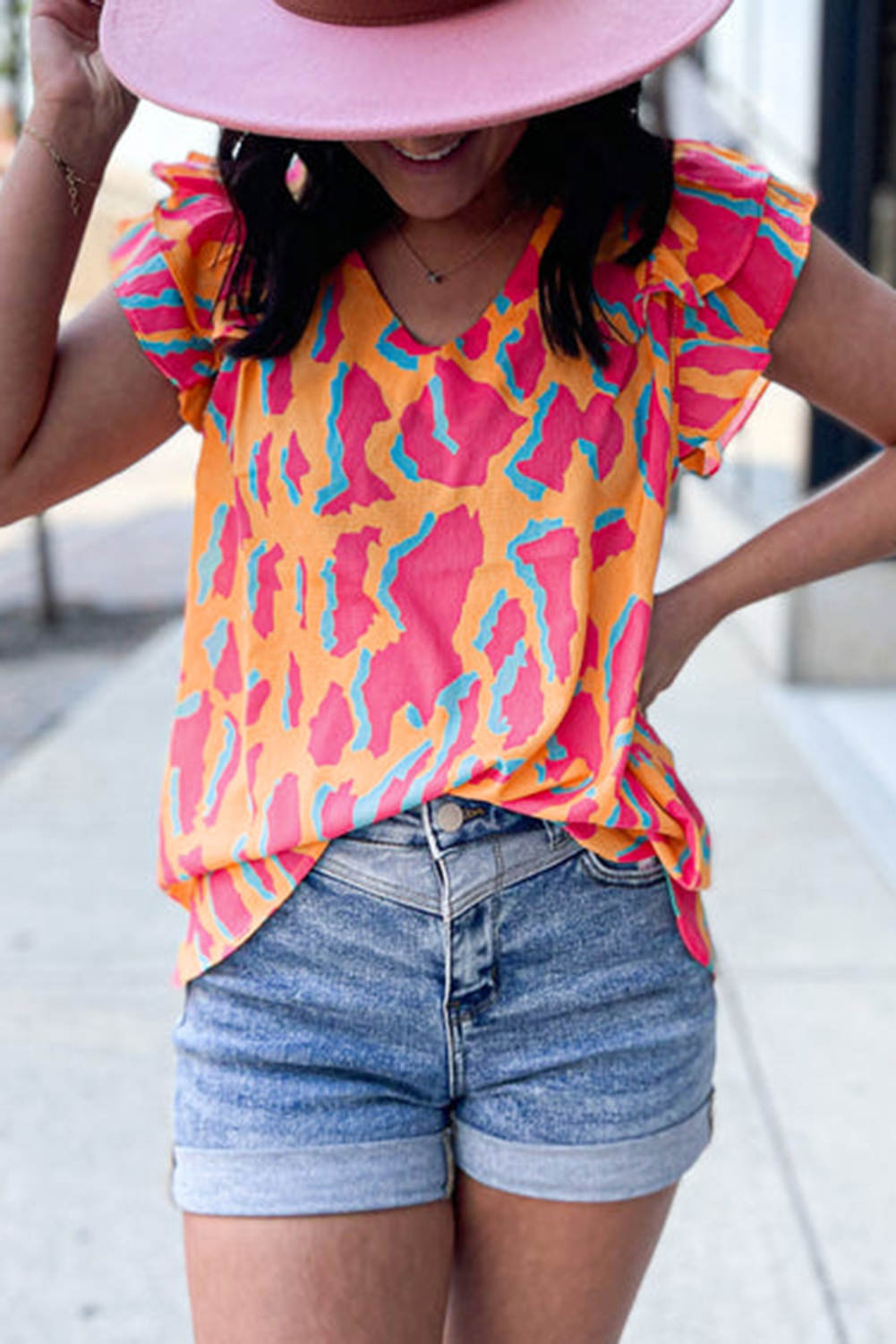 Women's Orange Abstract Print V Neck Ruffled Sleeve Blouse - Detail View 6 Women's Orange Abstract Print V Neck Ruffled Sleeve Blouse - Detail View 6
