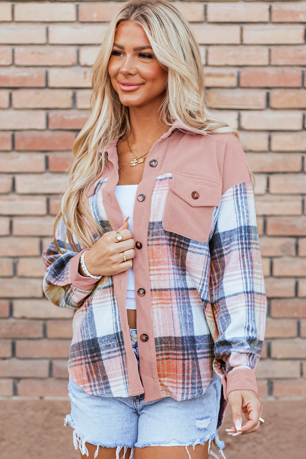 Casual Patchwork Plaid Shacket, Button Down Corduroy Top - Detail View 5 Casual Patchwork Plaid Shacket, Button Down Corduroy Top - Detail View 5