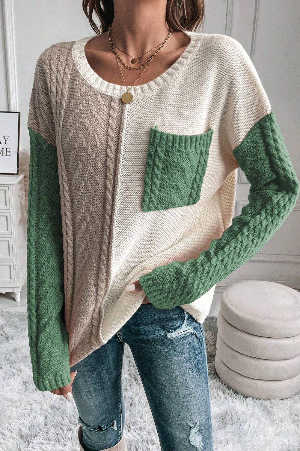 Casual Cable Knit Sweater, Vineyard Green Colorblock Pullover - Detail View 11 Casual Cable Knit Sweater, Vineyard Green Colorblock Pullover - Detail View 11