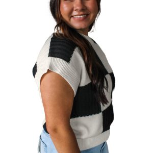 Women's Black Checkered Color Block Crew Neck Short Sleeve Sweater - Main View