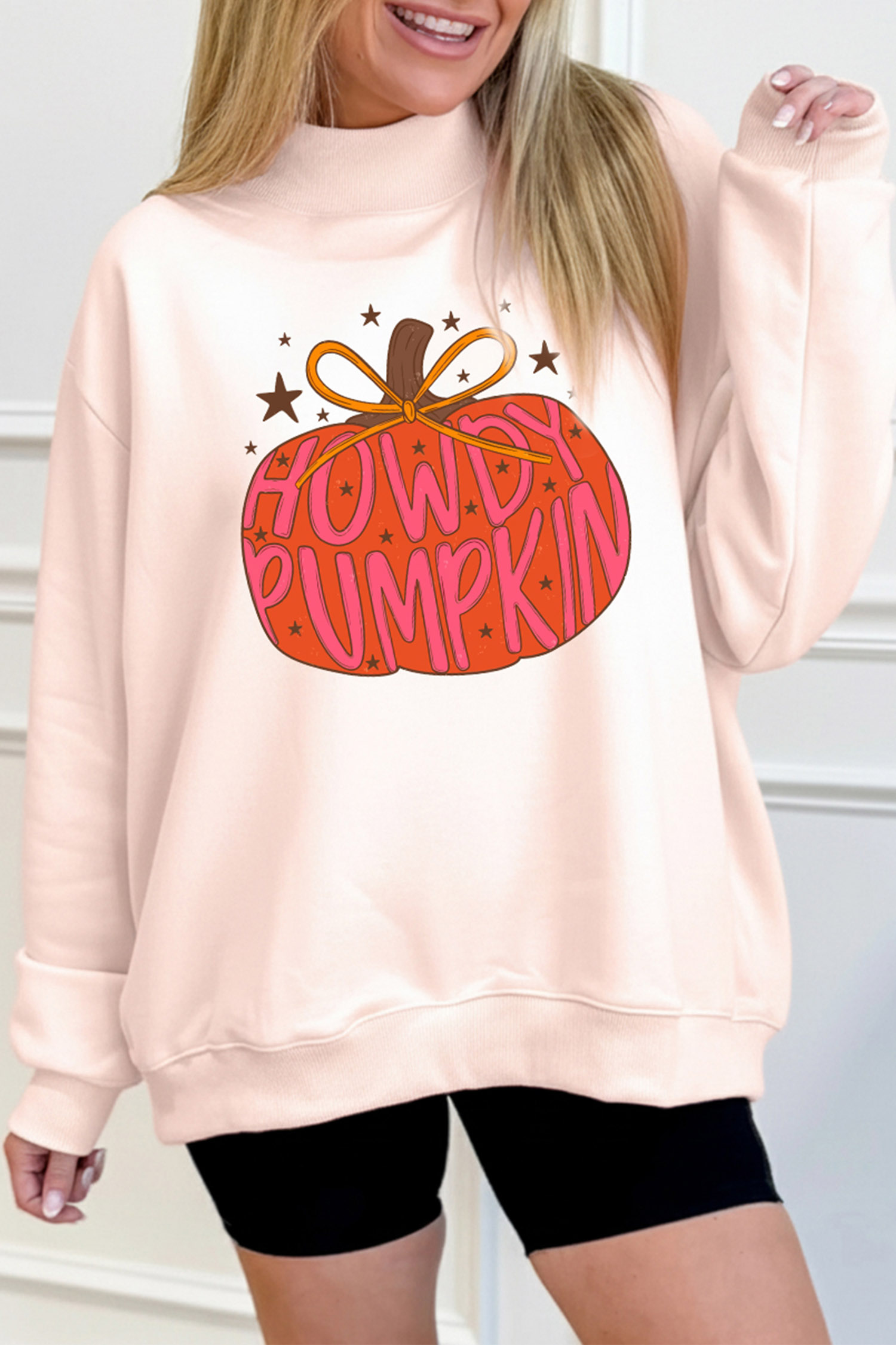 Fall Graphic Mock Neck Sweatshirt, Light Pink Casual Pullover - Detail View 5 Fall Graphic Mock Neck Sweatshirt, Light Pink Casual Pullover - Detail View 5