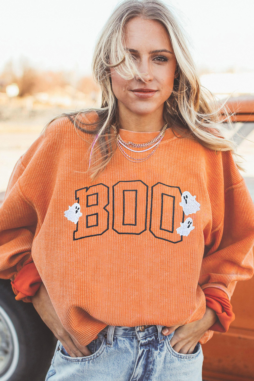 Soft Corded Material Orange Sweatshirt - Perfect for Halloween Celebrations - Detail View 3 Soft Corded Material Orange Sweatshirt - Perfect for Halloween Celebrations - Detail View 3