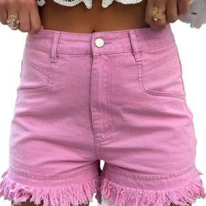 Women's Pink Denim Shorts, Mid Rise Frayed Edge Casual Wear - Main View