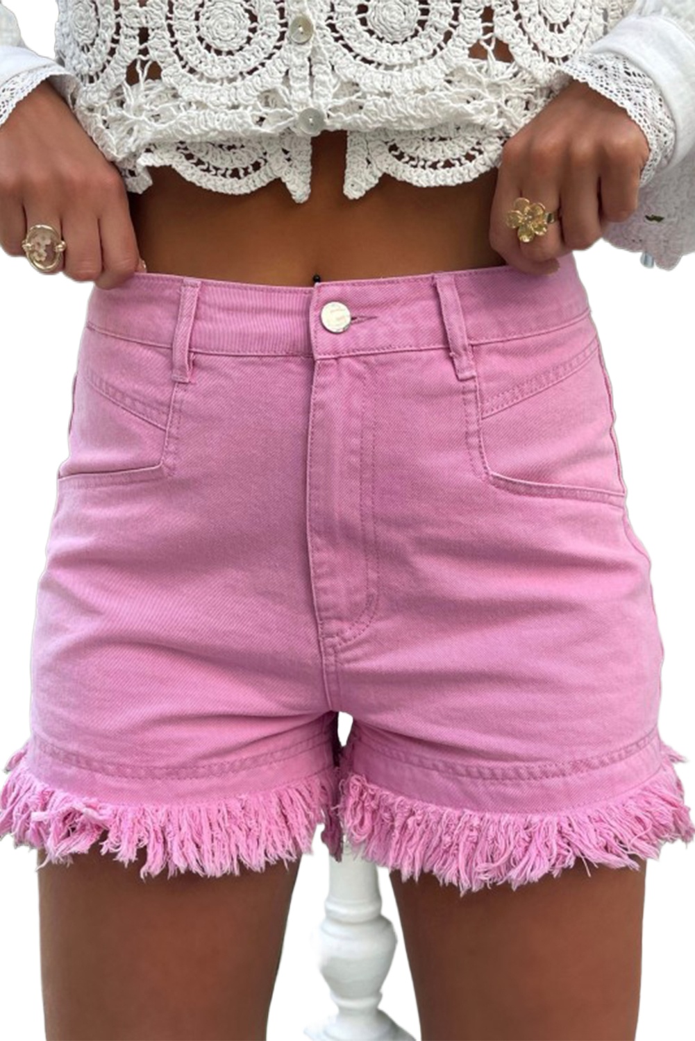 Women's Pink Denim Shorts, Mid Rise Frayed Edge Casual Wear - Main View Women's Pink Denim Shorts, Mid Rise Frayed Edge Casual Wear - Main View