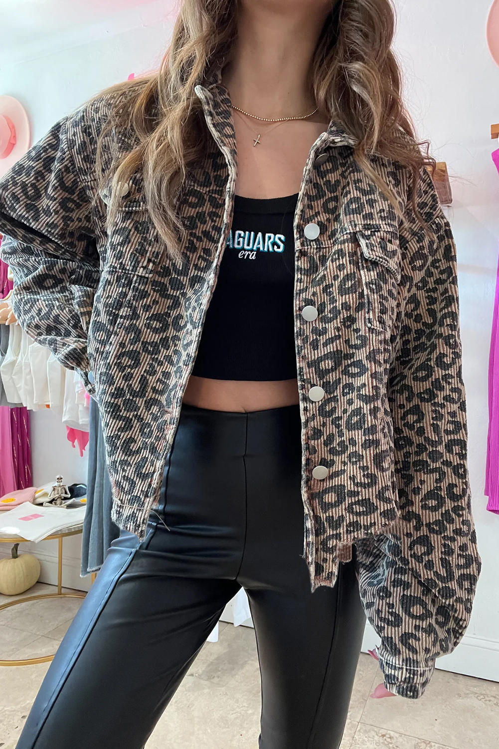 Add a touch of wild elegance to your everyday style with this Dark Khaki Leopard Print Corduroy Irregular Hem Buttoned Jacket. The corduroy fabric offers a stylish texture and unique irregular hem gives it a contemporary twist. The bold leopard print adds a playful and sophisticated touch, perfect for making a statement. The front button closure ensures easy wear and a polished finish. This jacket is a perfect addition to your fall and autumn wardrobe, suitable for daily wear. Pair it with your favorite jeans or skirt for a chic and stylish look. With its versatile design and bold print, this jacket is a must-have for any woman's wardrobe. - Detail View 4 Add a touch of wild elegance to your everyday style with this Dark Khaki Leopard Print Corduroy Irregular Hem Buttoned Jacket. The corduroy fabric offers a stylish texture and unique irregular hem gives it a contemporary twist. The bold leopard print adds a playful and sophisticated touch, perfect for making a statement. The front button closure ensures easy wear and a polished finish. This jacket is a perfect addition to your fall and autumn wardrobe, suitable for daily wear. Pair it with your favorite jeans or skirt for a chic and stylish look. With its versatile design and bold print, this jacket is a must-have for any woman's wardrobe. - Detail View 4