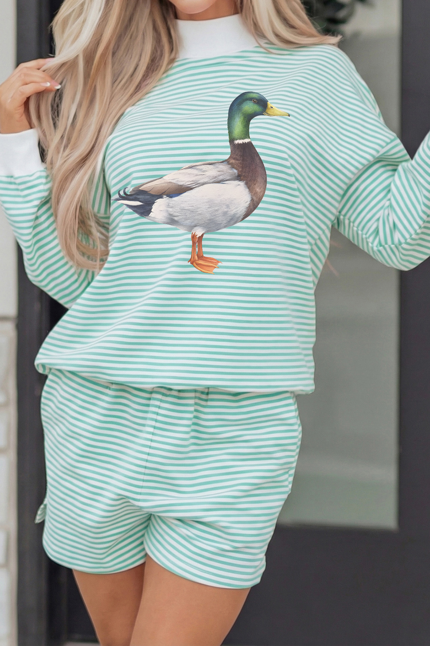 Casual Striped Mallard Print Set, Women's Mock Neck Outfit - Detail View 2 Casual Striped Mallard Print Set, Women's Mock Neck Outfit - Detail View 2