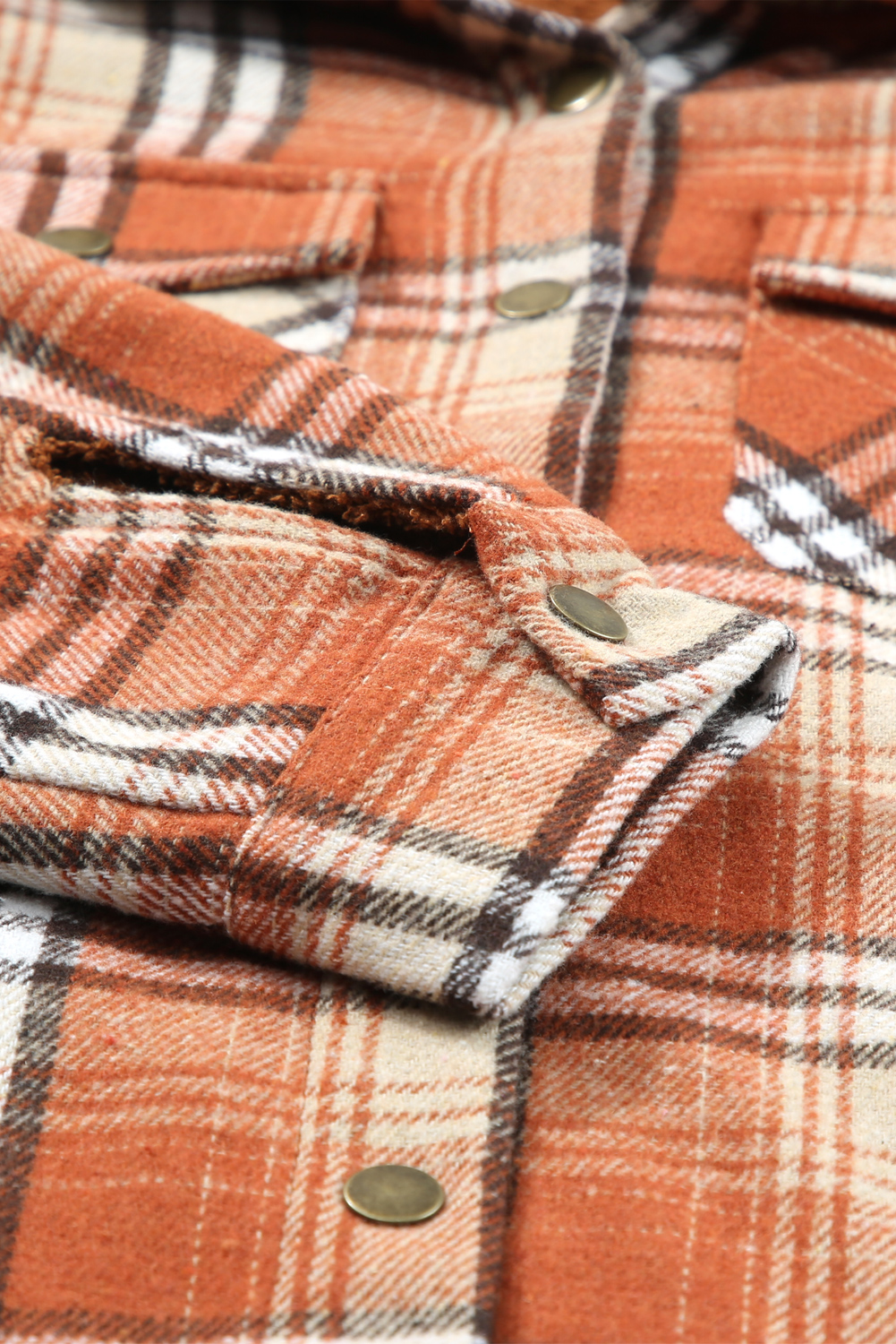Women's Orange Plaid Shacket, Sherpa Lined Hooded Jacket - Detail View 10 Women's Orange Plaid Shacket, Sherpa Lined Hooded Jacket - Detail View 10