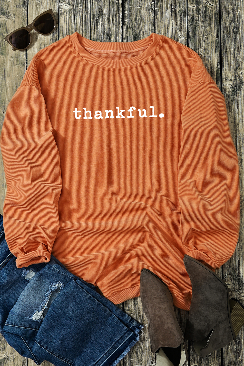 Women's Cozy orange Thankful Ribbed Crew Neck Sweatshirt - Detail View 9 Women's Cozy orange Thankful Ribbed Crew Neck Sweatshirt - Detail View 9