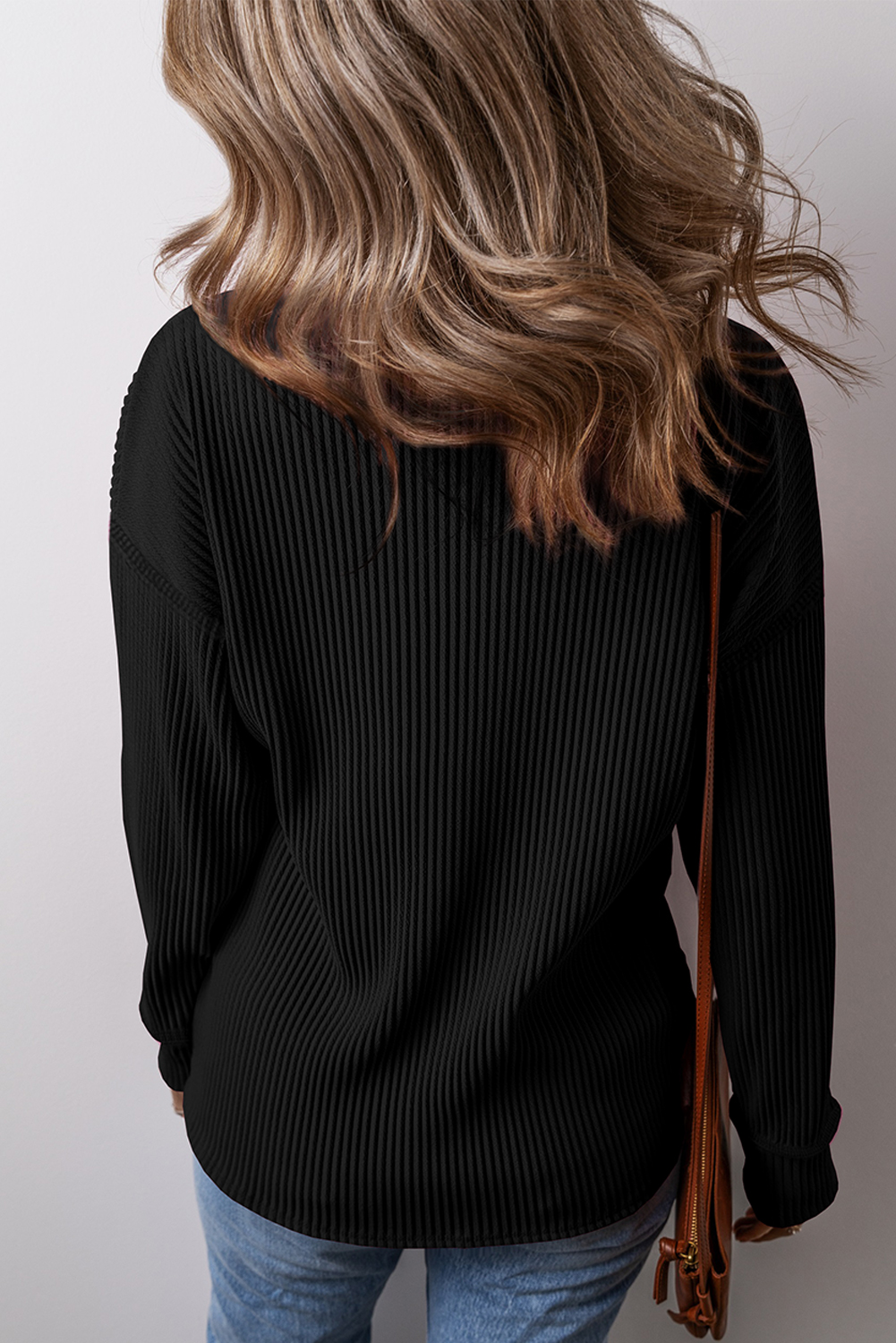 Relaxed and Trendy: Women's Casual Black Long Sleeve Top - Detail View 3 Relaxed and Trendy: Women's Casual Black Long Sleeve Top - Detail View 3