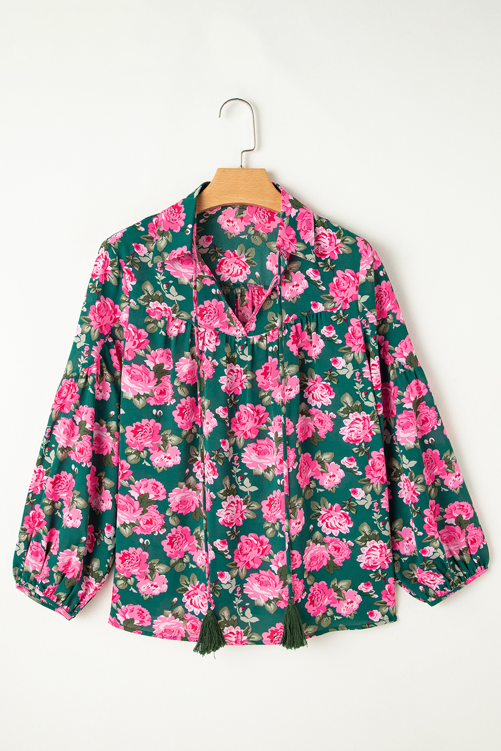 Women's Blouse, Green Floral, Tied Collar, Puff Sleeve, V Neck, Elegant, Comfortable, Modest, Daily Wear, Spring Fashion, Country Style, Feminine Charm, Stylish Top, Quality Material, Tops & Blouses - Detail View 4 Women's Blouse, Green Floral, Tied Collar, Puff Sleeve, V Neck, Elegant, Comfortable, Modest, Daily Wear, Spring Fashion, Country Style, Feminine Charm, Stylish Top, Quality Material, Tops & Blouses - Detail View 4