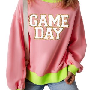 Women's Pink Glitter Game Day Color Block Crew Neck Sweatshirt - Main View