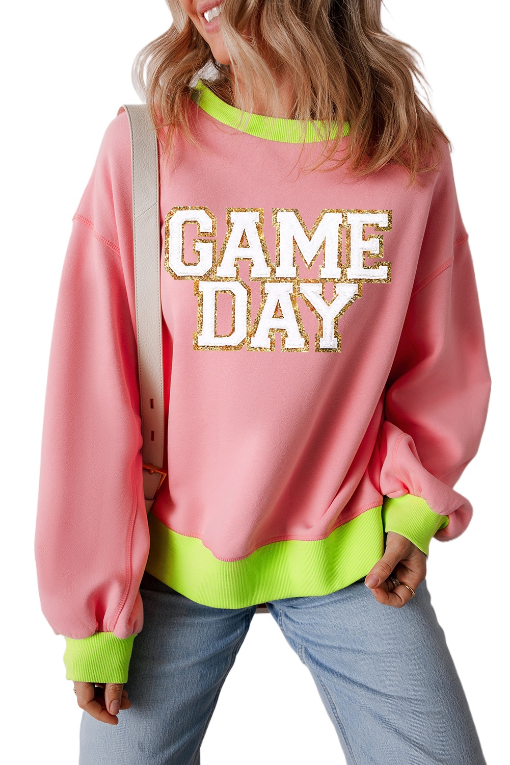 Women's Pink Glitter Game Day Color Block Crew Neck Sweatshirt - Main View Women's Pink Glitter Game Day Color Block Crew Neck Sweatshirt - Main View