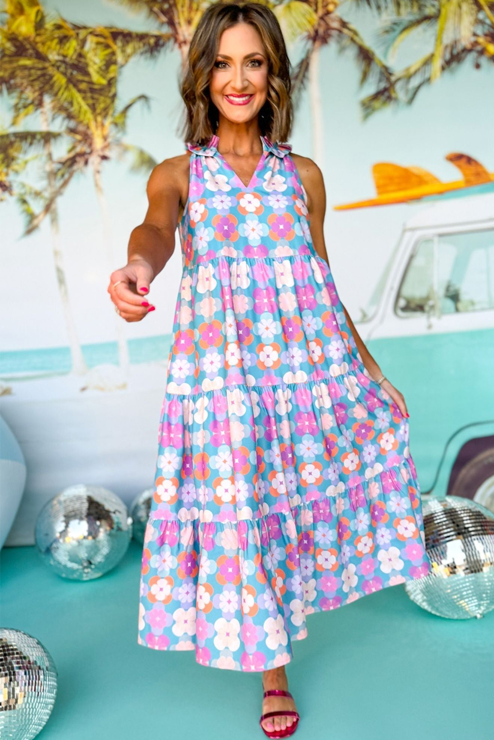 Summer Must-Have: Sky Blue Floral Printed Tiered Maxi Dress with Sleeveless Design - Detail View 8 Summer Must-Have: Sky Blue Floral Printed Tiered Maxi Dress with Sleeveless Design - Detail View 8