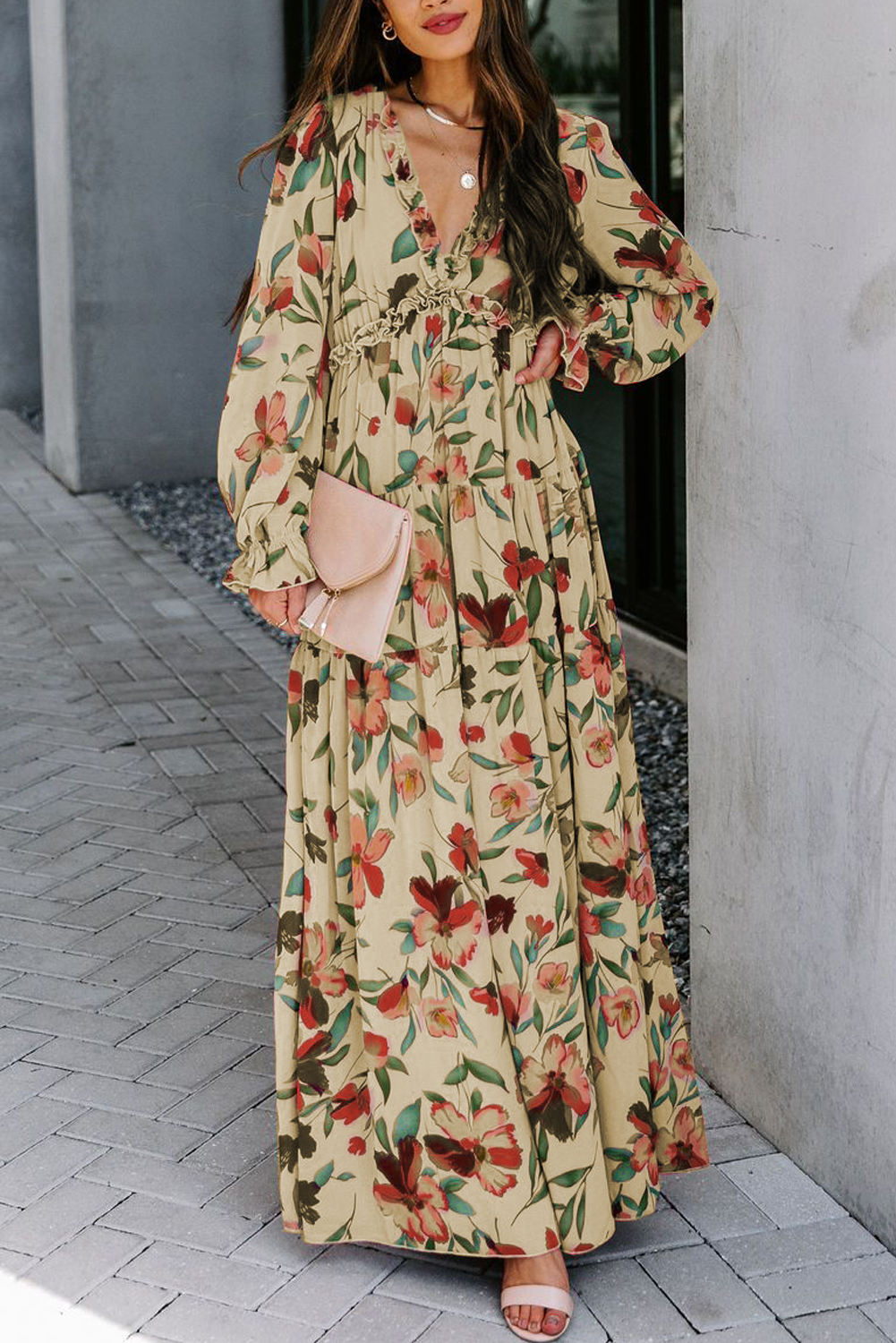 Stunning Floral Print Maxi Dress: Plunging Neckline and Ruffle Details - Detail View 2 Stunning Floral Print Maxi Dress: Plunging Neckline and Ruffle Details - Detail View 2