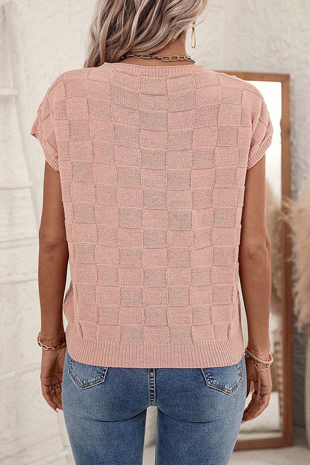 Women's Dusty Pink Knit Sweater, Lattice Textured Short Sleeve - Detail View 4 Women's Dusty Pink Knit Sweater, Lattice Textured Short Sleeve - Detail View 4
