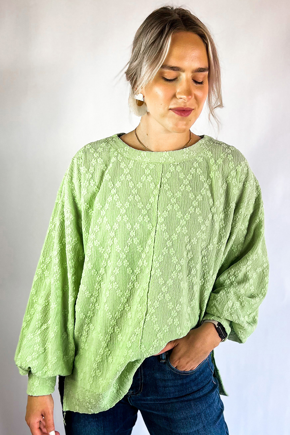 Soft and Cozy Light Green Solid Color Blouse for Everyday Wear - Puffed Sleeves - Detail View 3 Soft and Cozy Light Green Solid Color Blouse for Everyday Wear - Puffed Sleeves - Detail View 3