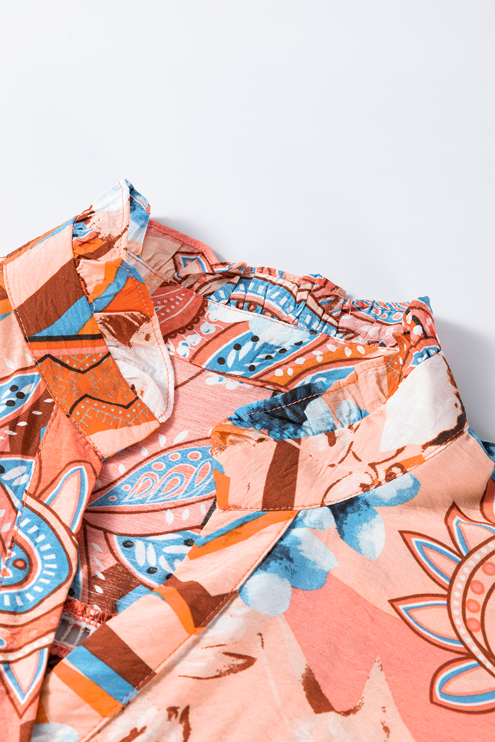 Women's Orange Floral Print Shirred Cuff Buttoned Loose Shirt - Chic Bohemian Style - Detail View 9 Women's Orange Floral Print Shirred Cuff Buttoned Loose Shirt - Chic Bohemian Style - Detail View 9