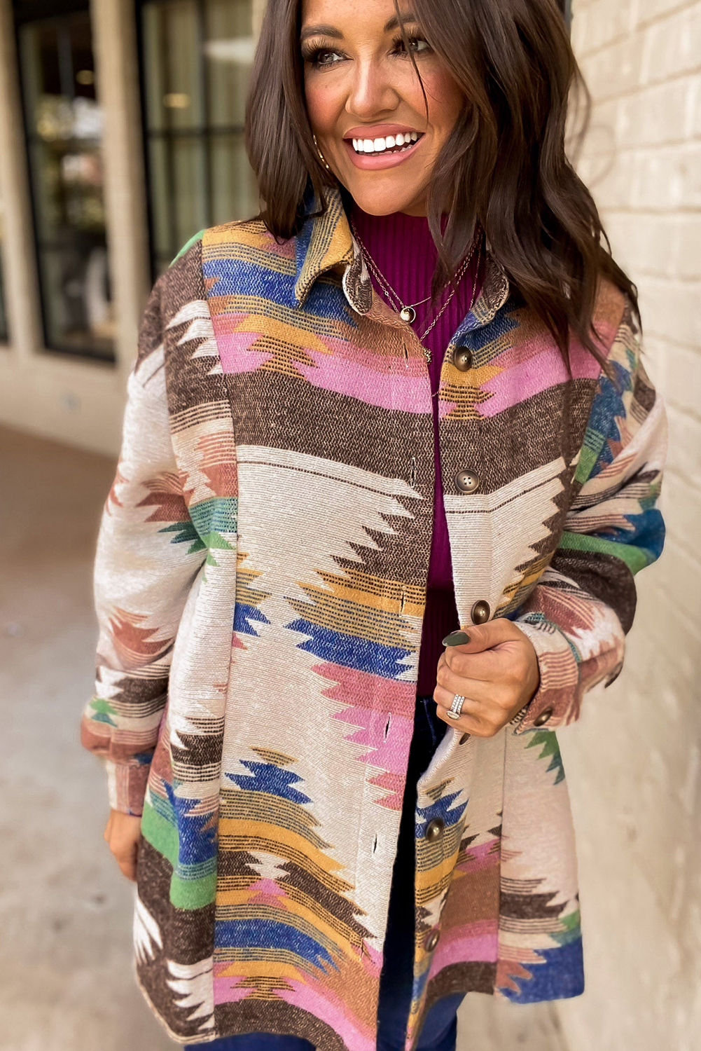 Western-Inspired Long Sleeve Shacket - Vibrant Aztec Print - Detail View 7 Western-Inspired Long Sleeve Shacket - Vibrant Aztec Print - Detail View 7