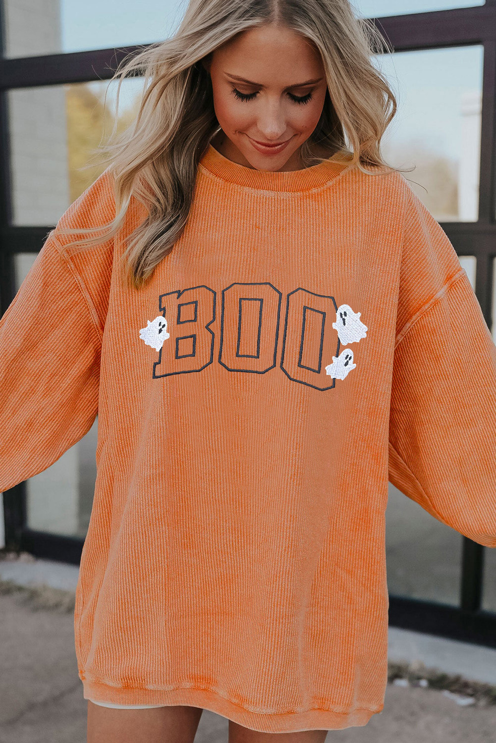 Women's Sweatshirt, Orange, Embroidered Ghost, BOO Message, Halloween Apparel, Cozy, Casual Style, Long Sleeve, Round Neck, Spooky Design, Graphic Sweatshirts, Comfortable, Daily Wear, Unique Halloween Fashion, Winter Season - Detail View 4 Women's Sweatshirt, Orange, Embroidered Ghost, BOO Message, Halloween Apparel, Cozy, Casual Style, Long Sleeve, Round Neck, Spooky Design, Graphic Sweatshirts, Comfortable, Daily Wear, Unique Halloween Fashion, Winter Season - Detail View 4