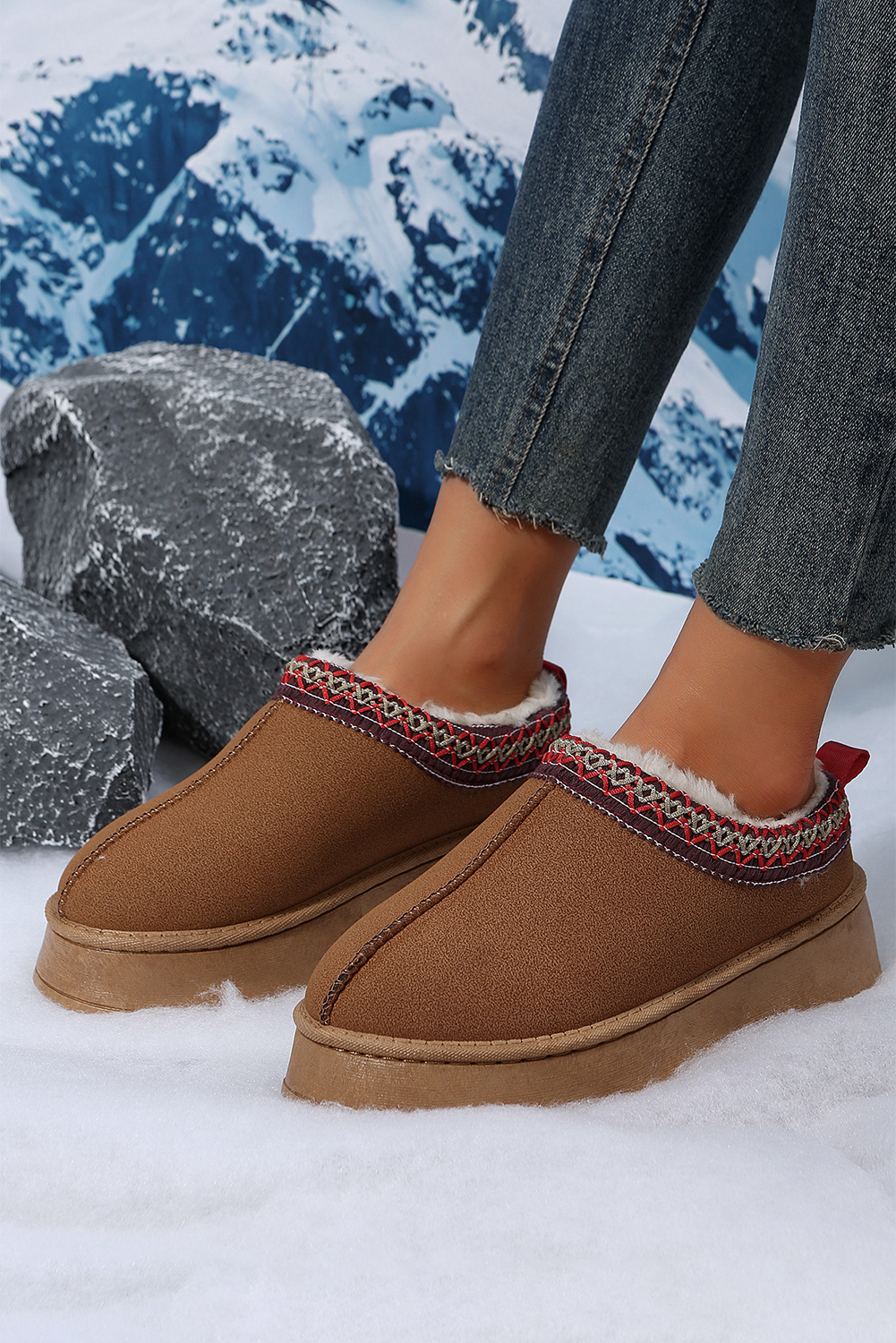 Stylish and Warm Chestnut Suede Snow Boots with Thermal Plush Lining - Detail View 6 Stylish and Warm Chestnut Suede Snow Boots with Thermal Plush Lining - Detail View 6
