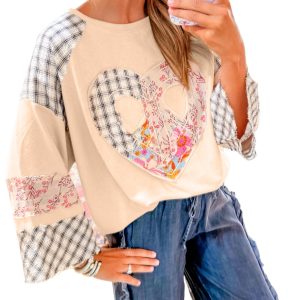 Women's Beige Plaid Floral Peace Heart Graphic Long Sleeve Top - Main View