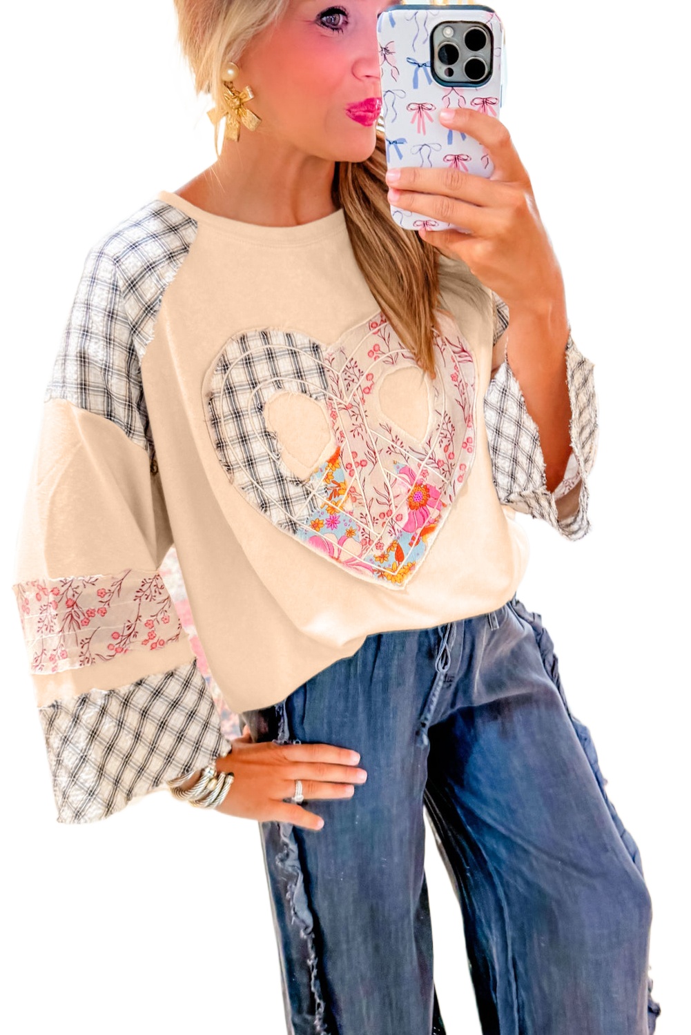 Women's Beige Plaid Floral Peace Heart Graphic Long Sleeve Top - Main View Women's Beige Plaid Floral Peace Heart Graphic Long Sleeve Top - Main View