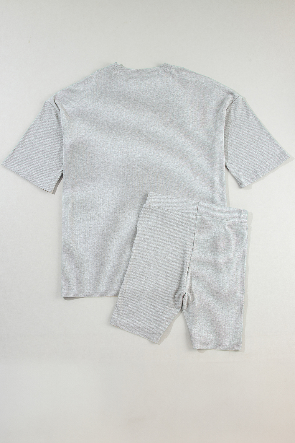 Women's Light Grey Solid Color Loose Tunic Top and Slim Shorts Set - Detail View 11 Women's Light Grey Solid Color Loose Tunic Top and Slim Shorts Set - Detail View 11